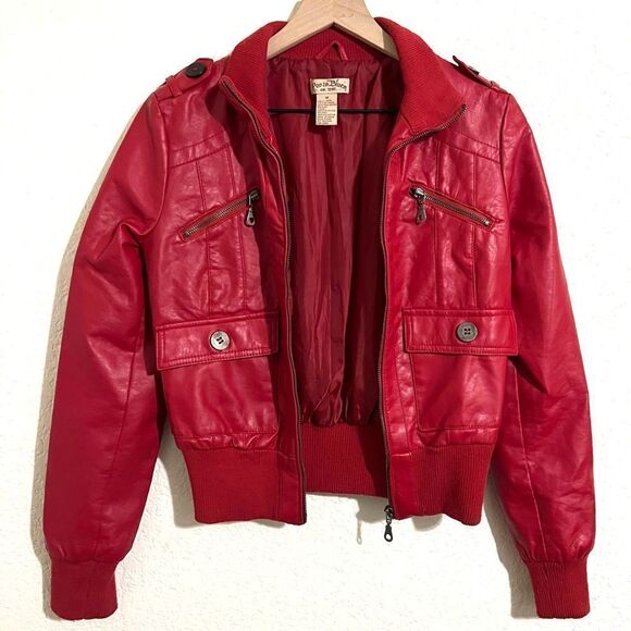 Paris Blues Y2K Red Faux Leather Bomber Jacket Pleather Vinyl Size M - Picture 7 of 8